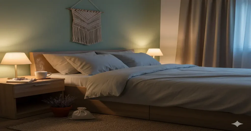 Natural sleep remedies setup with herbs and tea beside bed